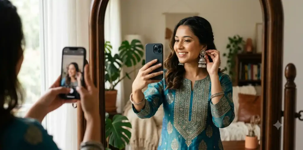 Woman taking mirror selfie wearing jhumkas