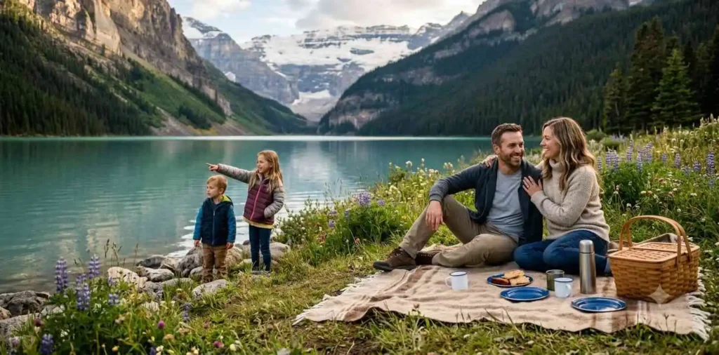 Family relaxing during a peaceful nature picnic