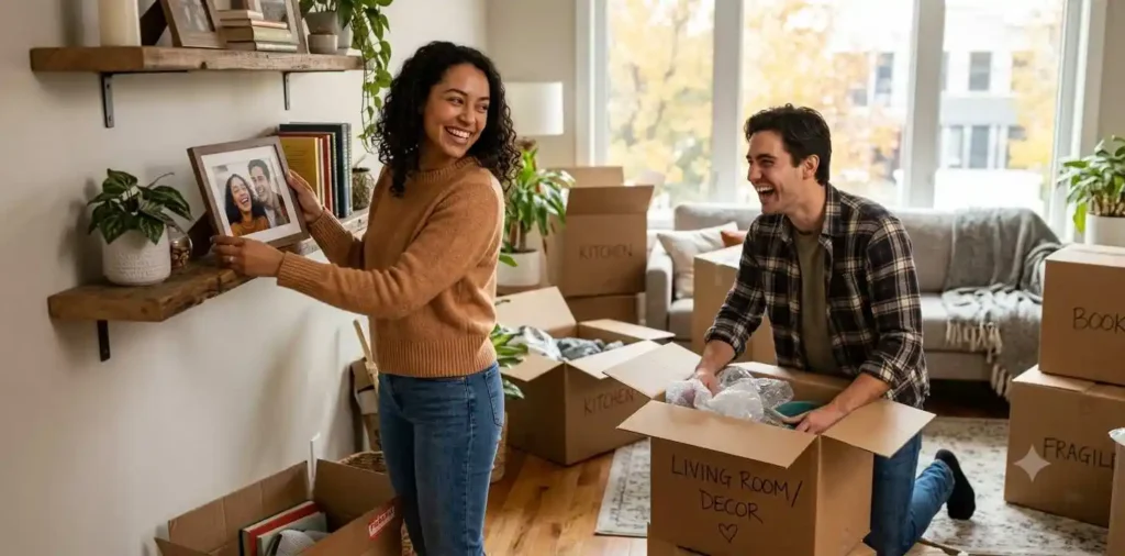 Couple unpacking boxes in their new home