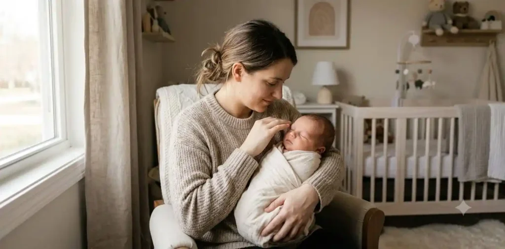 Mother holding newborn baby in nursery