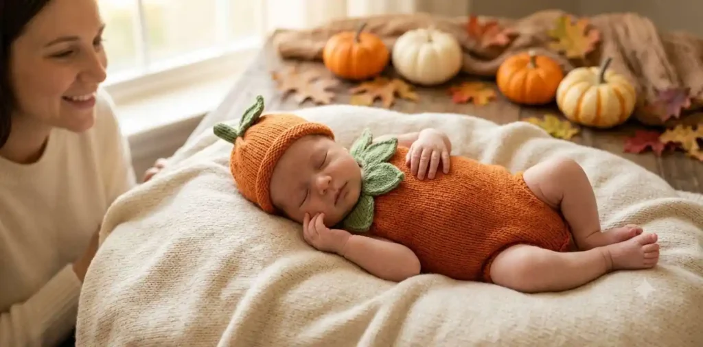 Newborn baby wearing cute Halloween costume