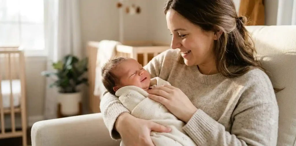 Smiling newborn baby resting in mother's arms