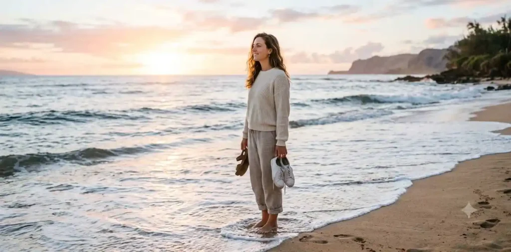 Woman enjoying peaceful morning by the ocean