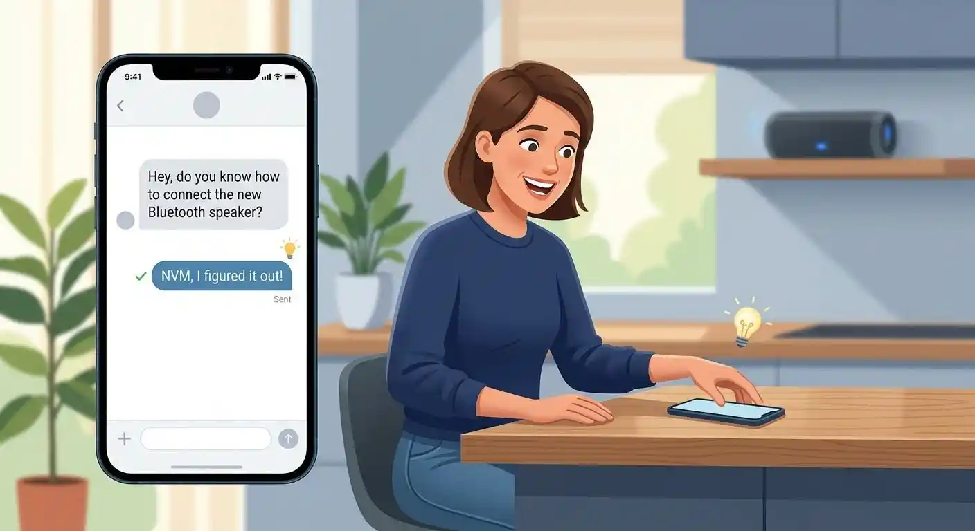Adult using a smartphone to say NVM after figuring out an answer independently.