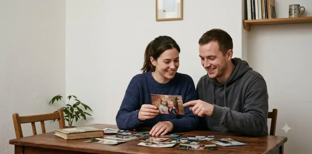 Siblings looking through childhood family photos together