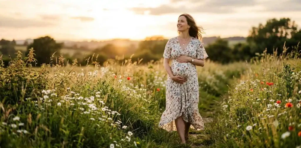 Pregnant woman walking through sunny meadow
