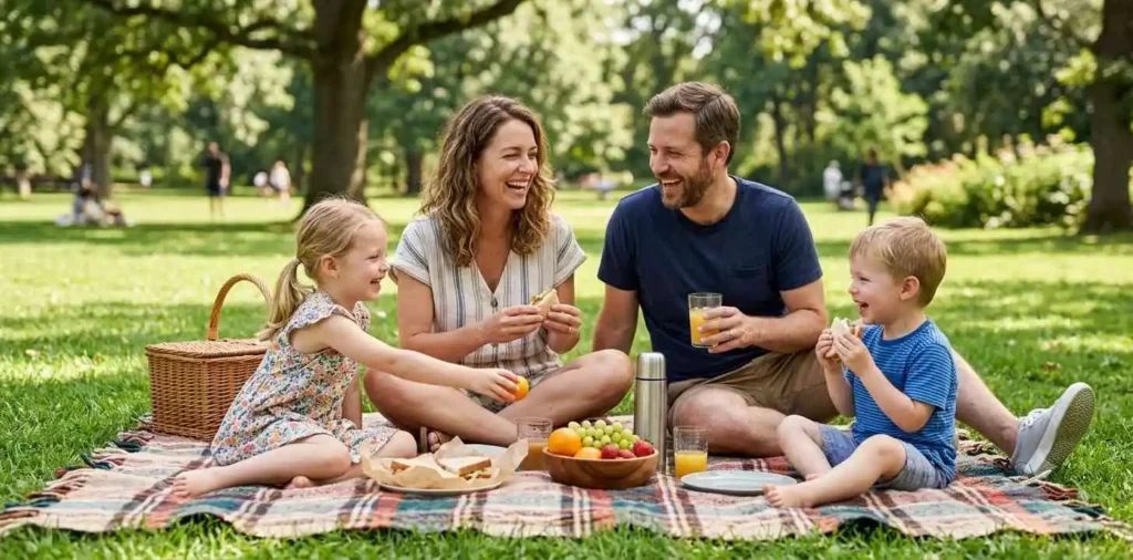 Family enjoying lunch together at a sunny picnic
