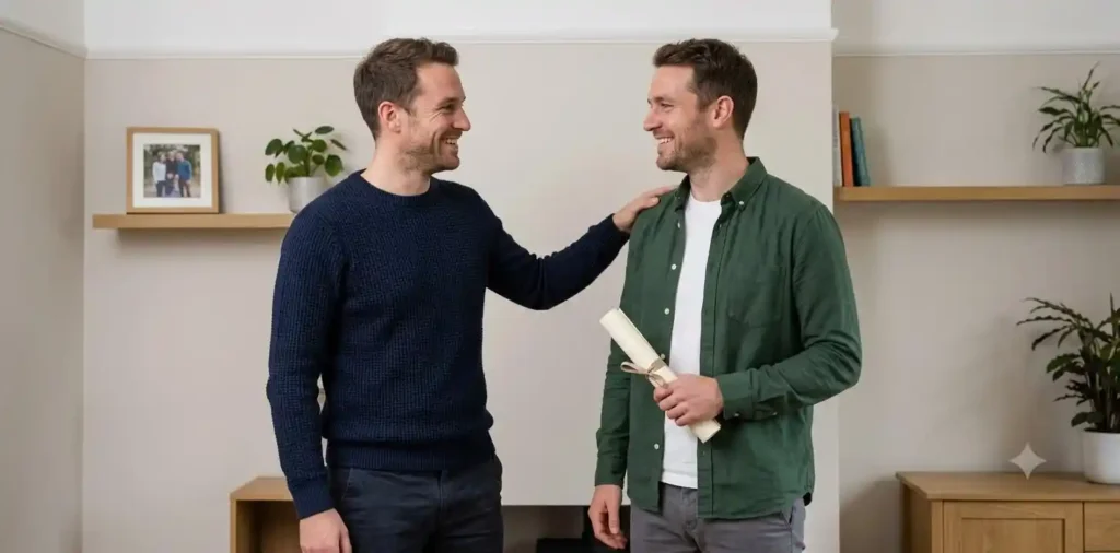 Twin brothers sharing a proud emotional moment