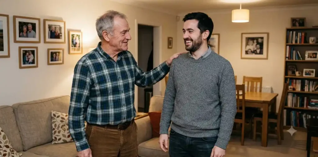 Proud father-in-law smiling with his son-in-law