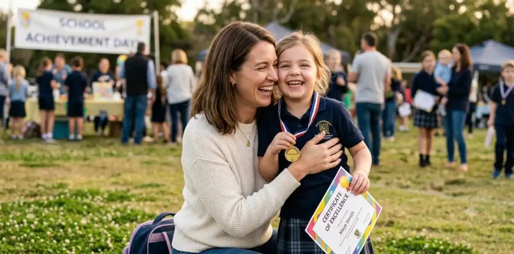 Mother proudly celebrating with her child