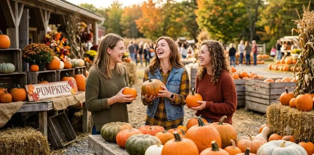 Friends choosing pumpkins at a fall market