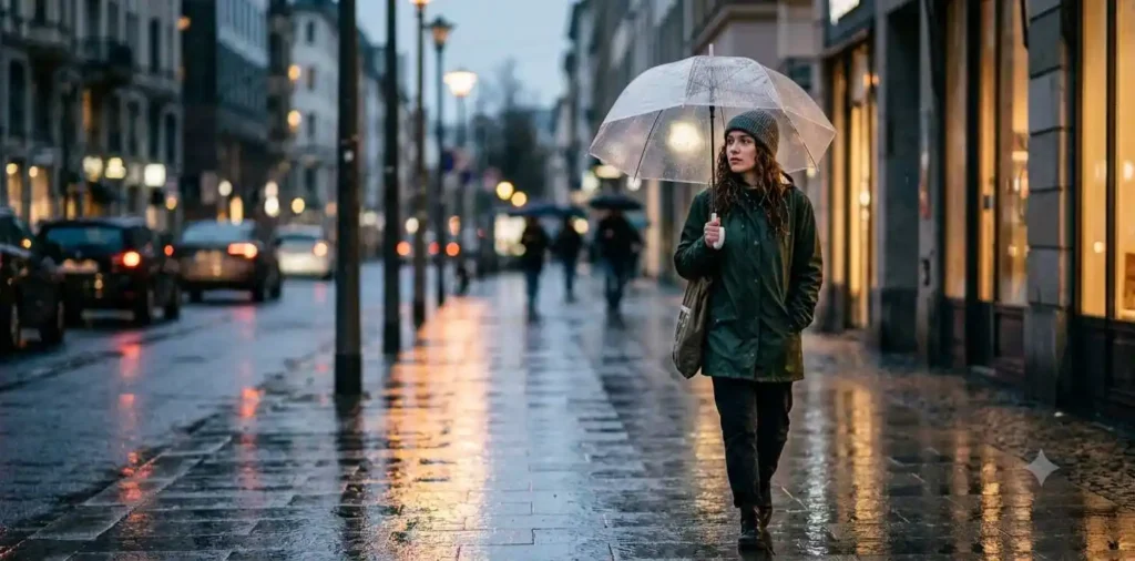 Woman walking alone beneath rain in city