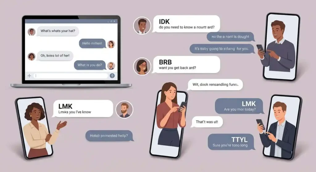 Adult friends using common abbreviations in a realistic group chat conversation.