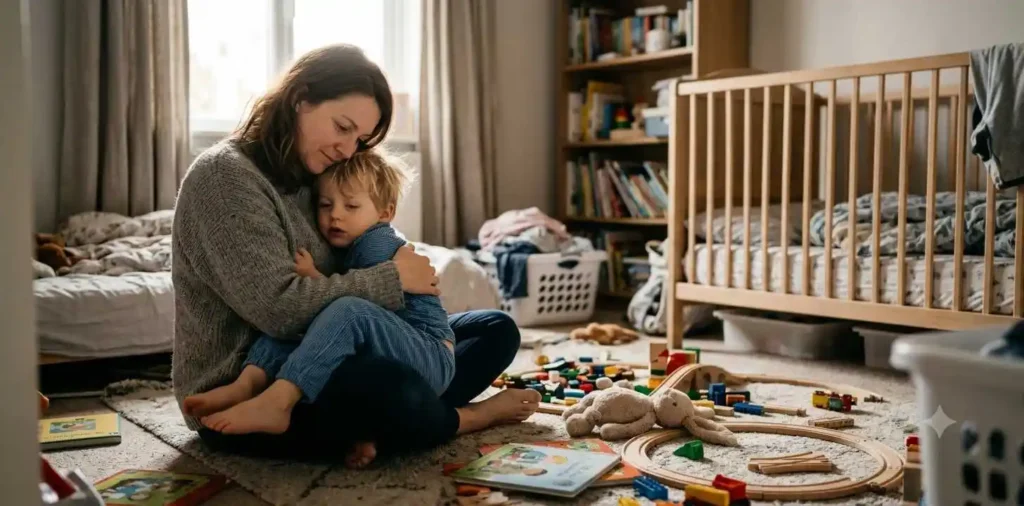 Mother comforting child during busy family morning