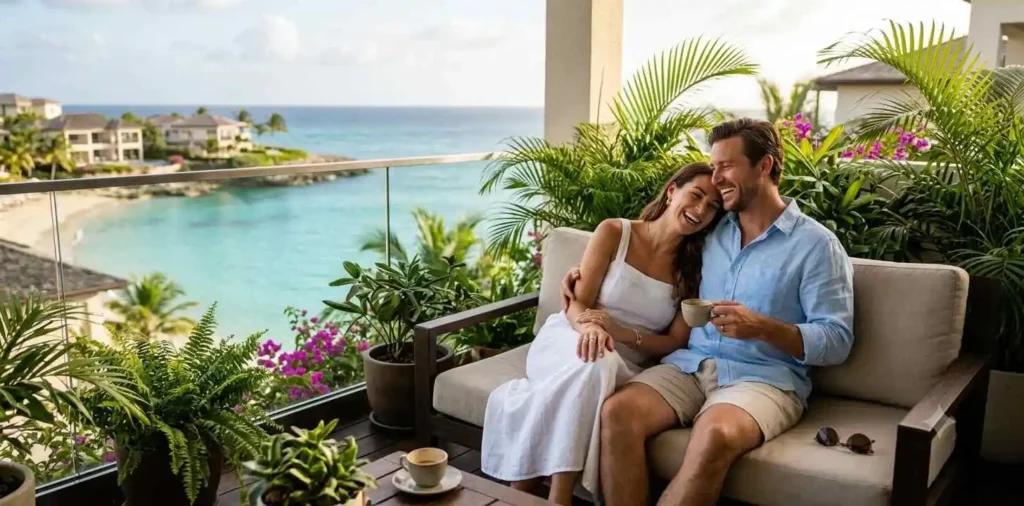 Couple relaxing together at a tropical honeymoon resort
