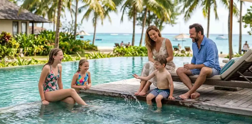 Family relaxing together beside a resort pool