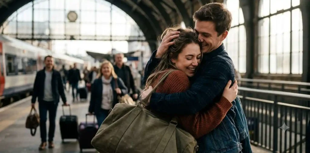 Couple embracing after a long separation