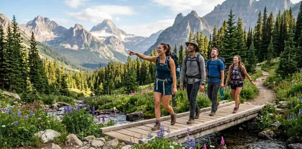 Friends hiking through scenic mountain trails