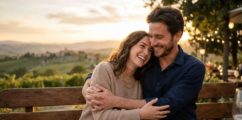 Couple embracing during a sunset date