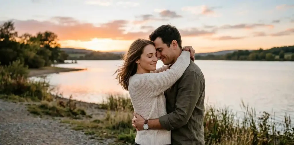 Couple embracing during a sunset walk