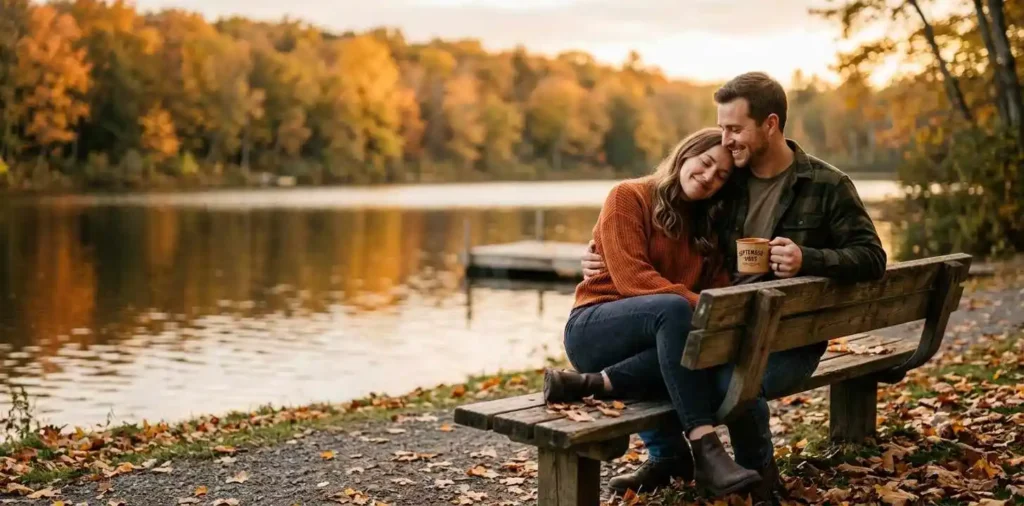 Couple sharing a cozy autumn moment outdoors