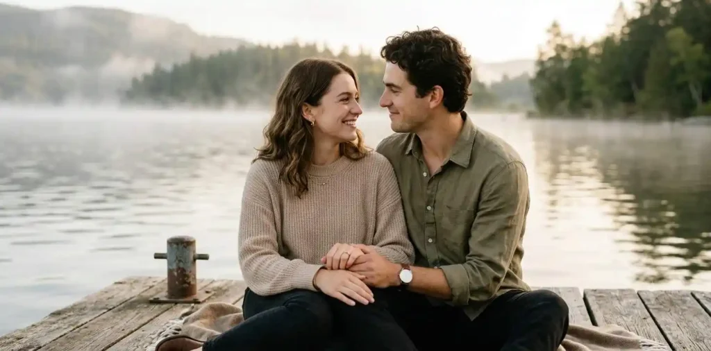 Couple sharing an affectionate moment by the lake