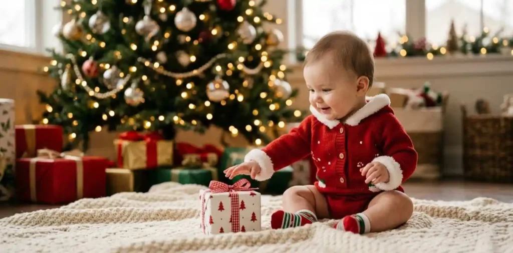 Baby wearing Santa outfit beside Christmas tree