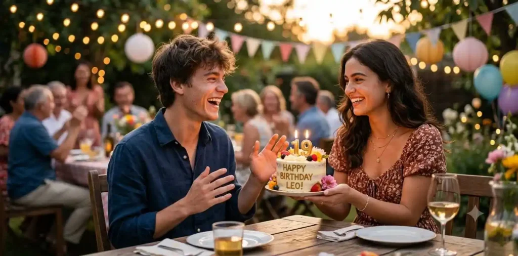 Brother and sister laughing at a birthday celebration