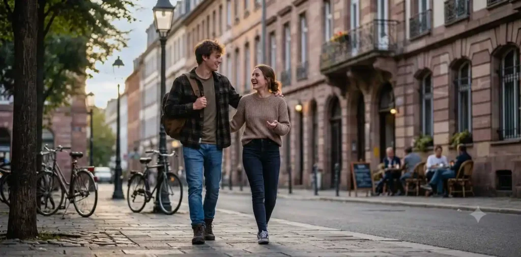 Siblings walking together beside a road 