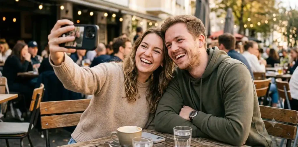 Brother and sister laughing during a selfie