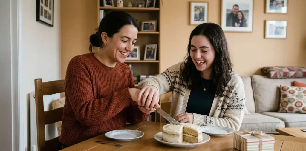 Sisters celebrating a birthday together at home