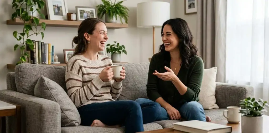 Sisters-in-law laughing together at home