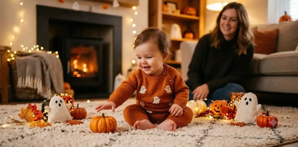 Baby smiling among playful Halloween decorations
