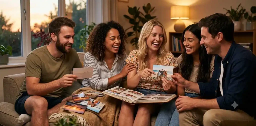 Friends flipping through vacation photos together