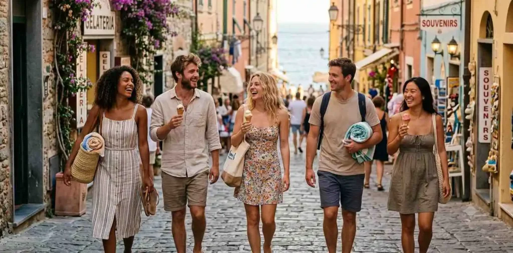 Friends exploring a scenic coastal town together
