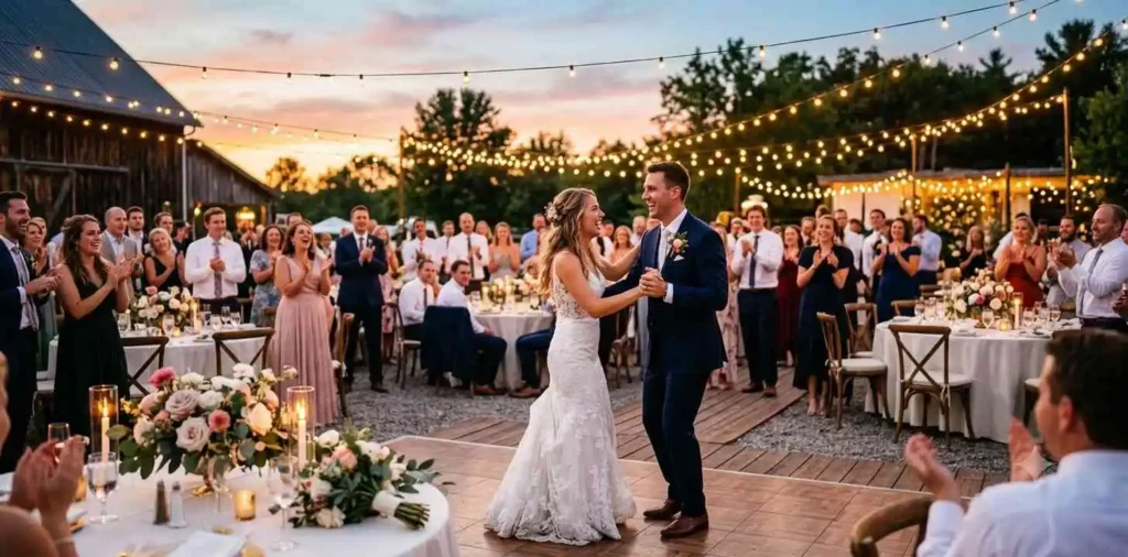 Bride and groom celebrating outdoor summer reception