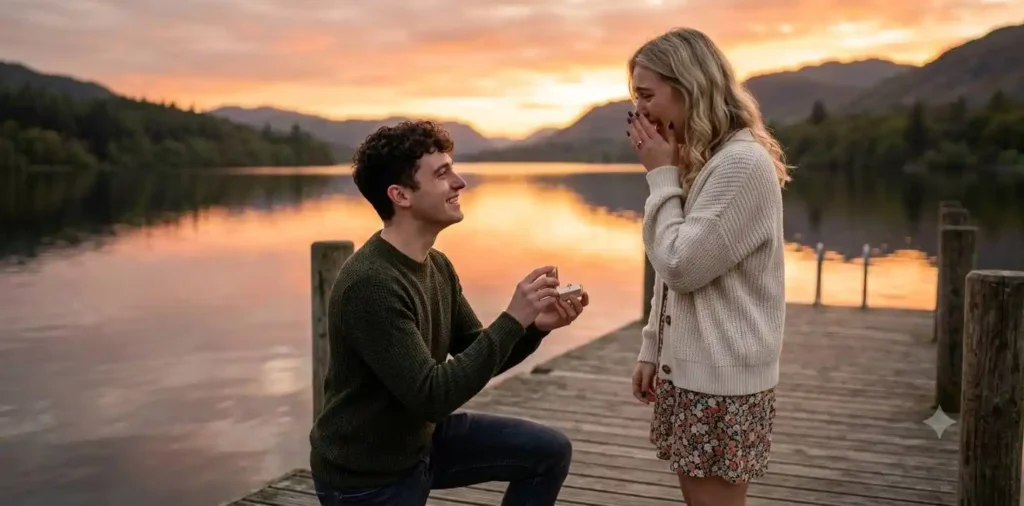 Woman reacting happily to a surprise marriage proposal