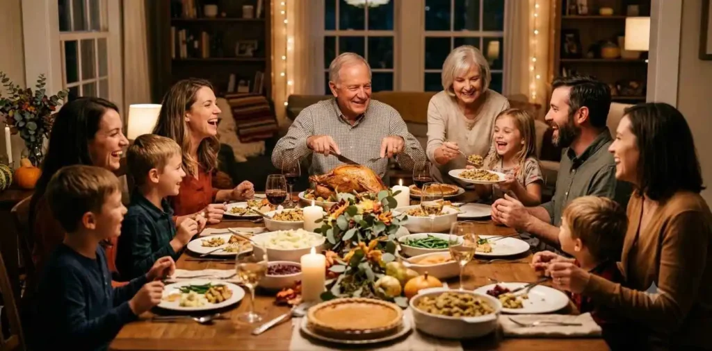 Family sharing Thanksgiving dinner around table