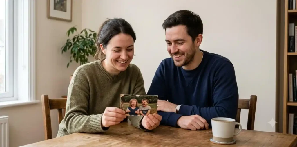 Siblings looking at an old family photograph together