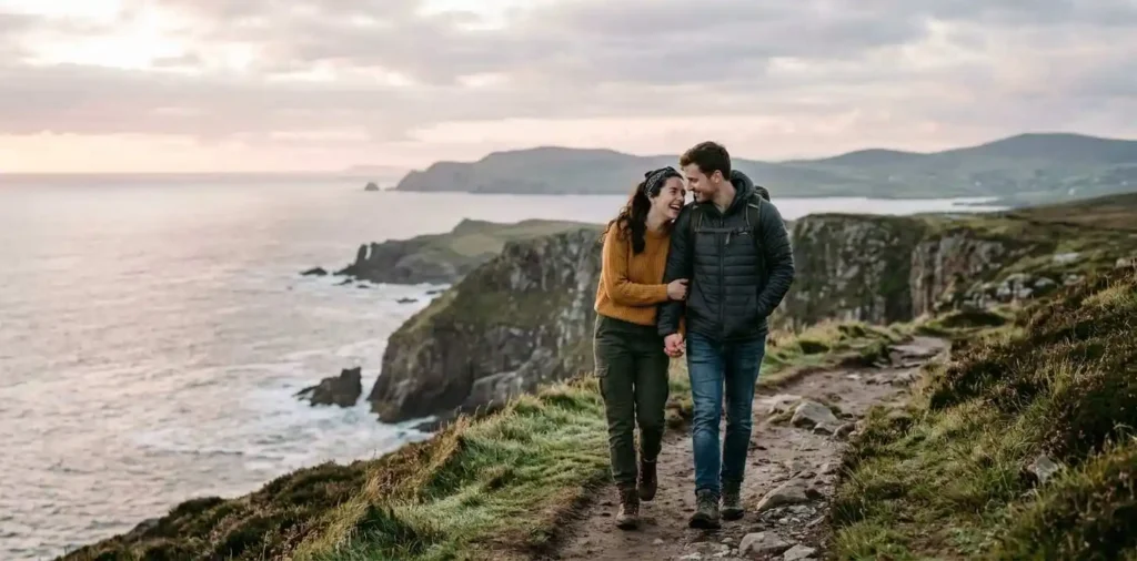 Couple walking together on scenic coastal cliffs