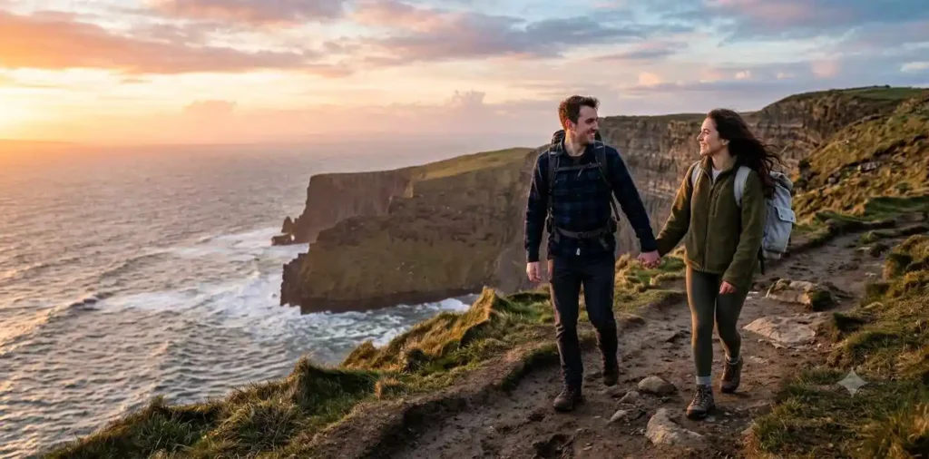 Couple walking hand in hand by the coast