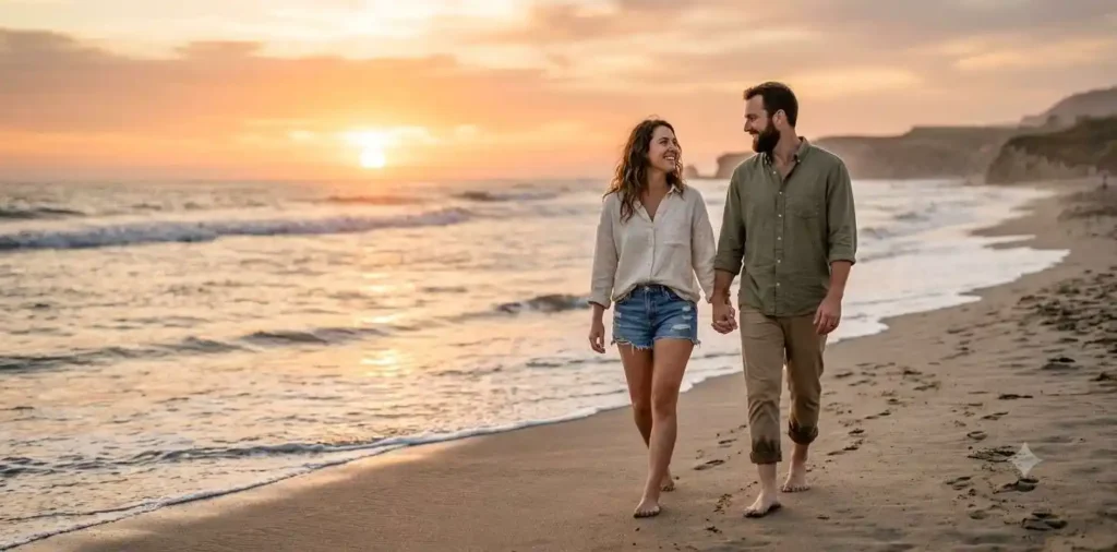 Couple holding hands during a sunset walk