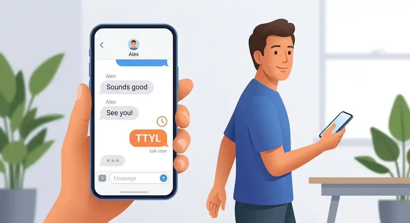 Adult using a smartphone to end a casual conversation with the texting abbreviation TTYL.
