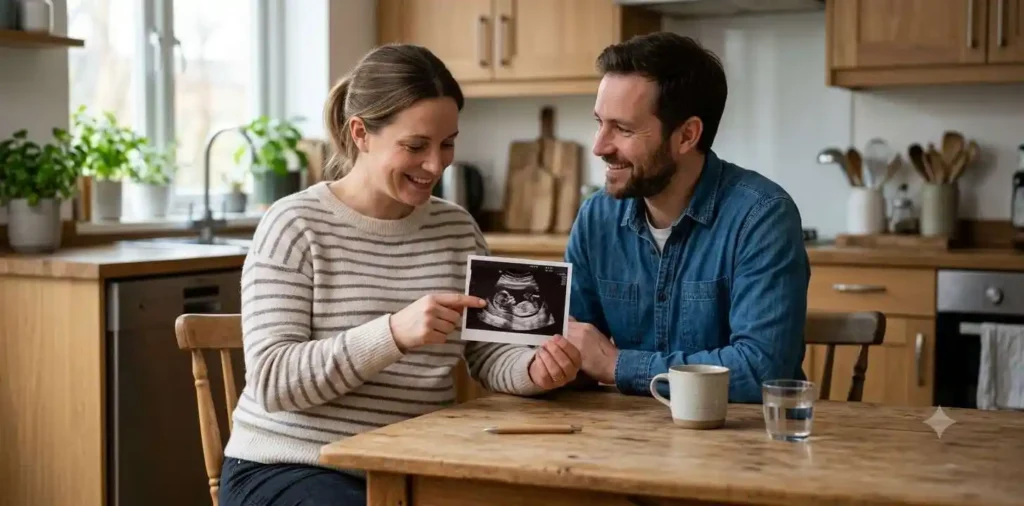 Pregnant couple looking at an ultrasound photo