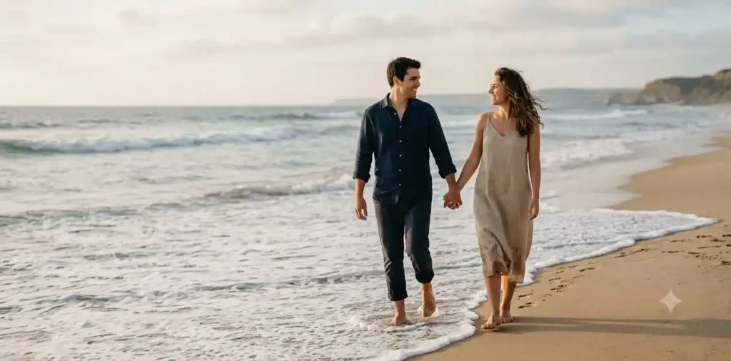 Couple walking together beside the ocean