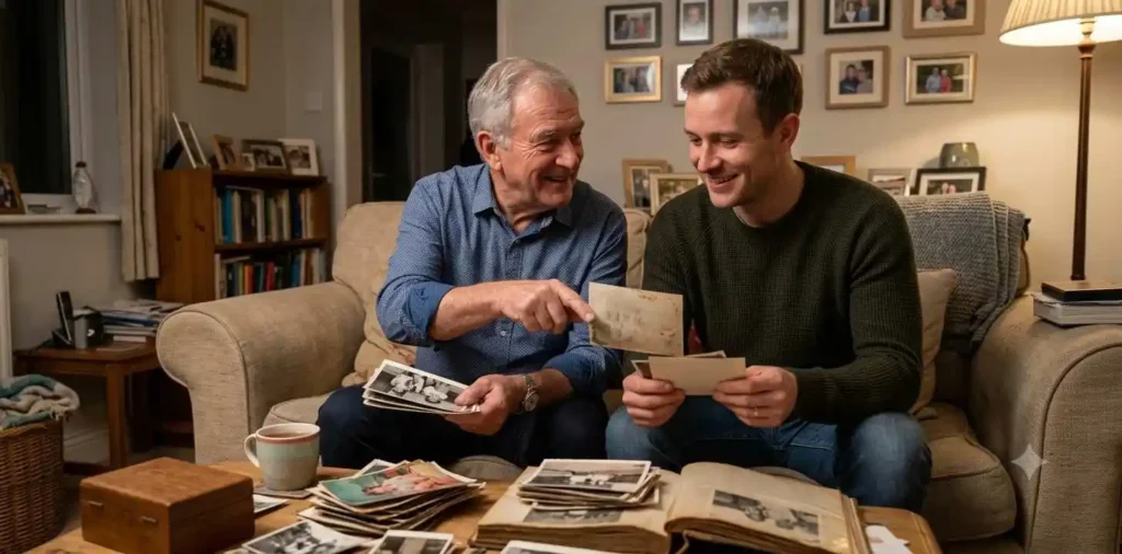 Uncle and nephew looking through family photographs