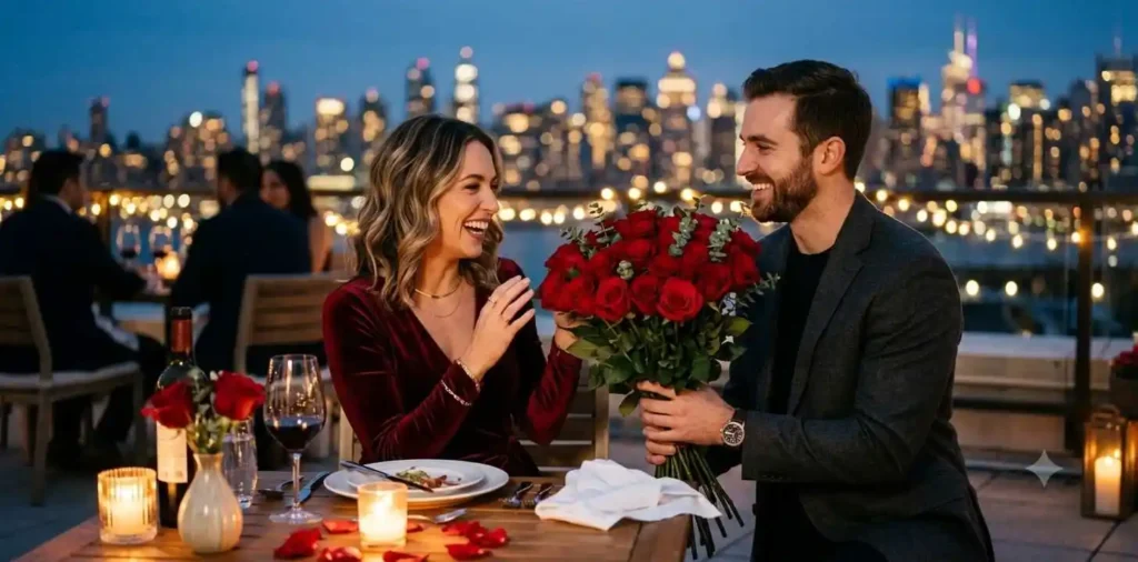 Couple exchanging flowers over candlelit dinner