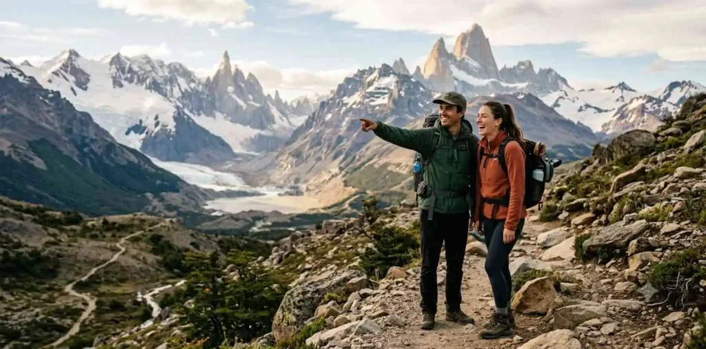 Couple hiking through a scenic mountain landscape
