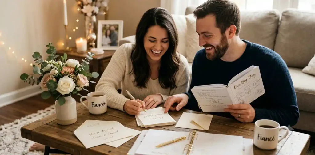 Couple preparing for their upcoming wedding day