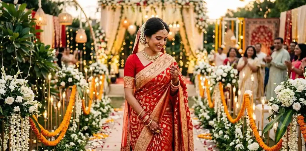 Bride smiling in elegant wedding saree